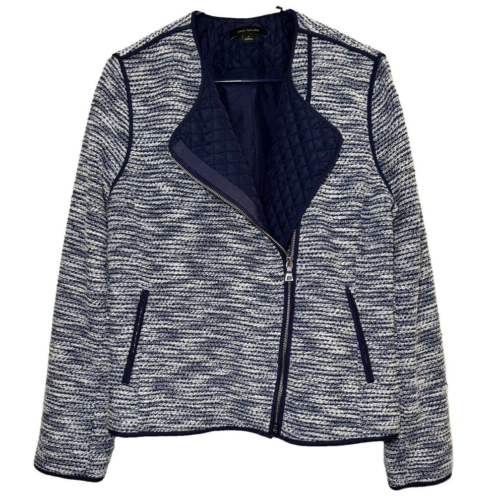 Ann Taylor Quilted Tweed Moto Jacket Womens 12 Navy Zip Cotton Blend Lined